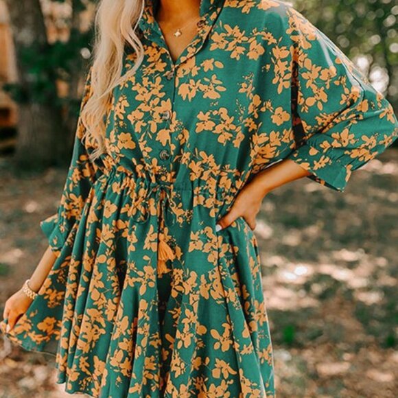 Dresses & Skirts - Floral Print Drawstring Tunic Flowy Short Dress